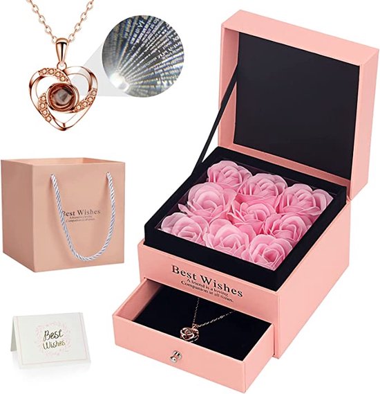 Eeuwige rozenset, origineel cadeau voor vrouwen, roos sieradendoos met halsketting "I Love You", cadeau voor verjaardag, Valentijnsdag, huwelijk