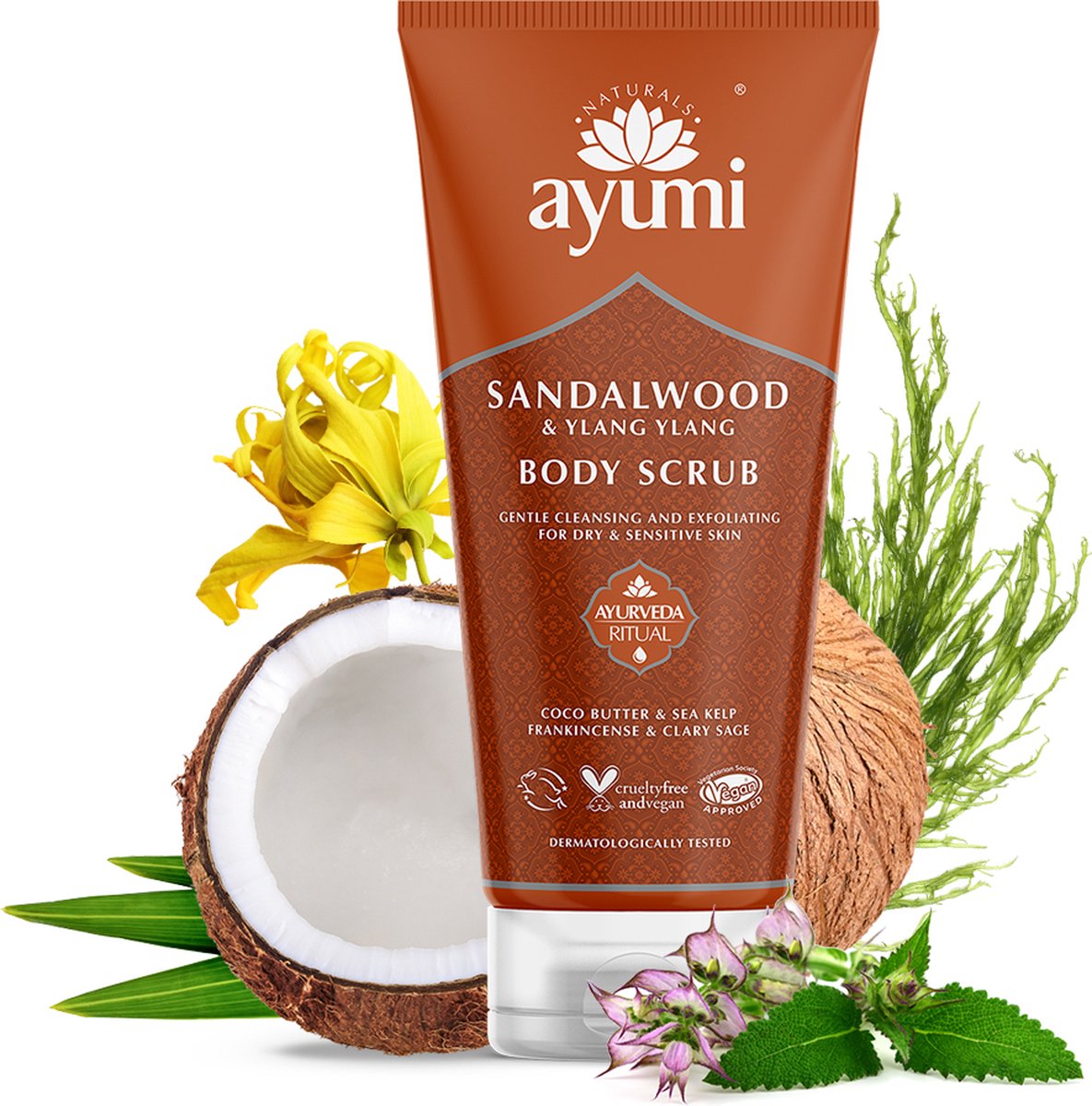 Natuurlijke Sandelhout en Ylang Ylang bodyscrub 200ml - body scrub - zachtreinigende scrubcreme voor de gevoelige huid