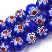 Millefiori glaskralen, cobalt blauwe ronde kralen van 8mm doorsnee. Verkocht per snoer van ca. 38cm
