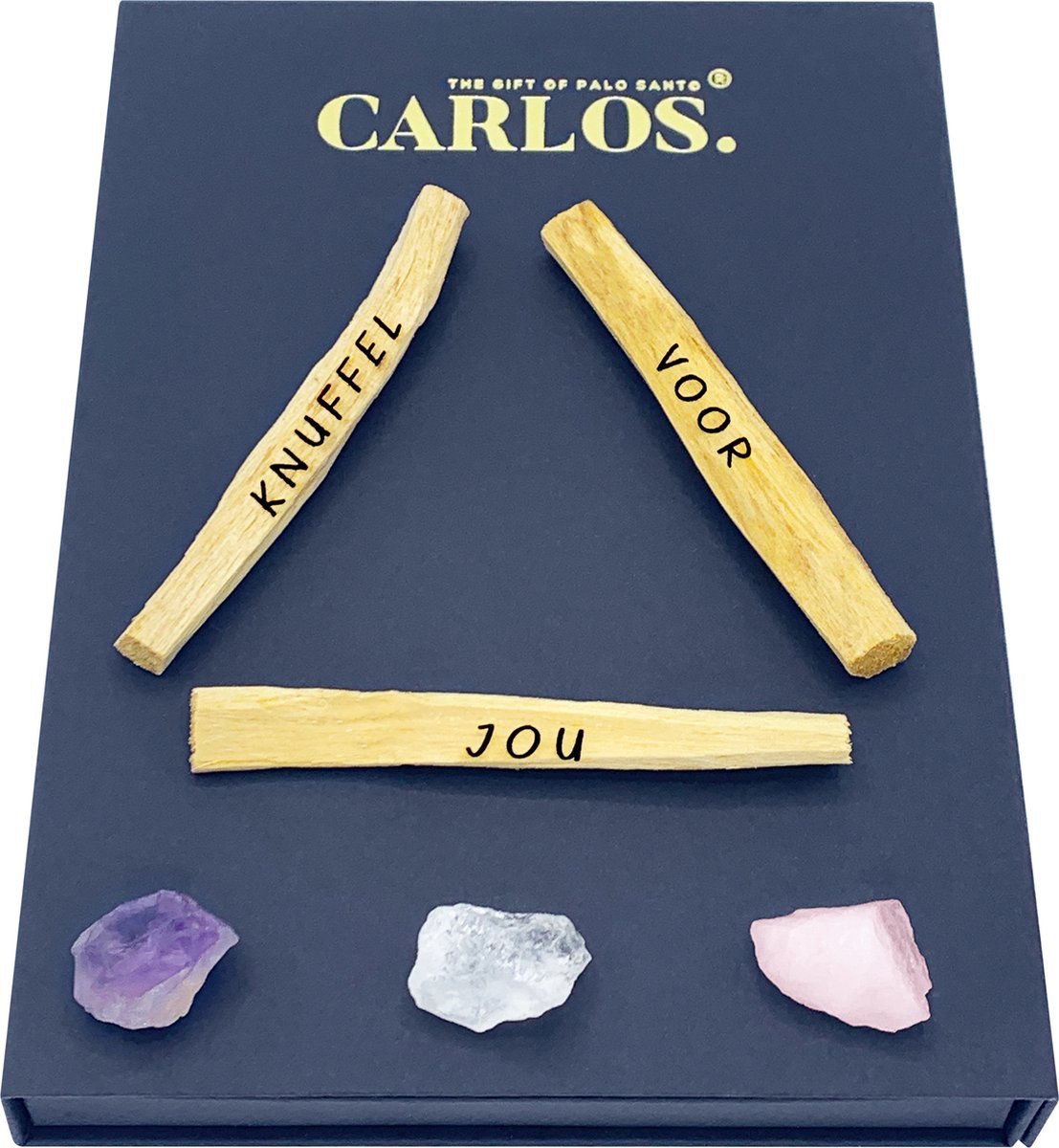 Luxe giftset PALO SANTO met gegraveerde boodschap KNUFFEL VOOR JOU + 3 edelstenen: amethist, bergkristal, rozenkwarts.