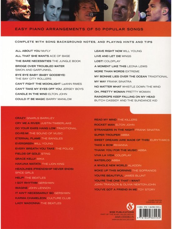 Boek met de titels van 50 populaire pianonummers, onder andere 'Crazy Gnarls Barkley' en 'Read My Mind The Killers'.