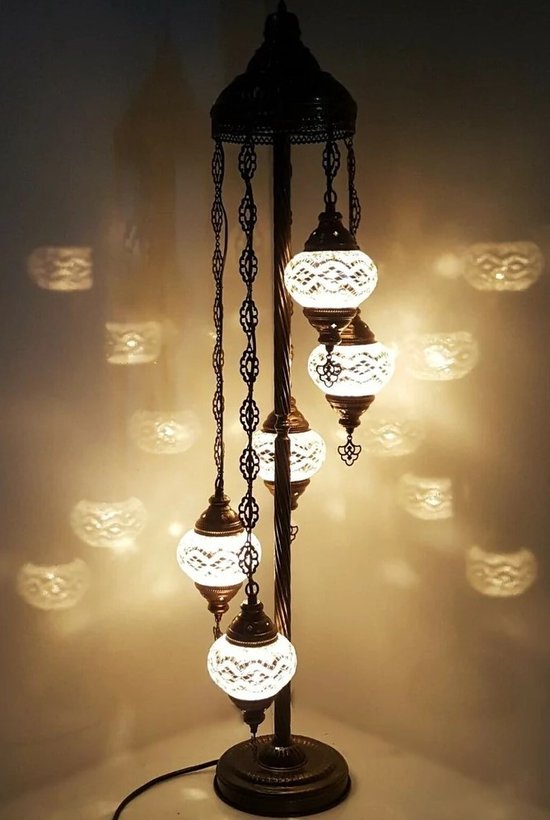 Turkse Lamp - Vloerlamp - Mozaïek Lamp - Marokkaanse Lamp - Oosters Lamp - ZENIQUE - Authentiek - Handgemaakt - Wit - 5 bollen
