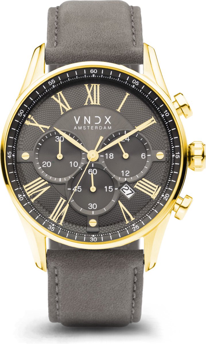 VNDX Amsterdam - Heren horloge - The Chief Goud Leder Grijs