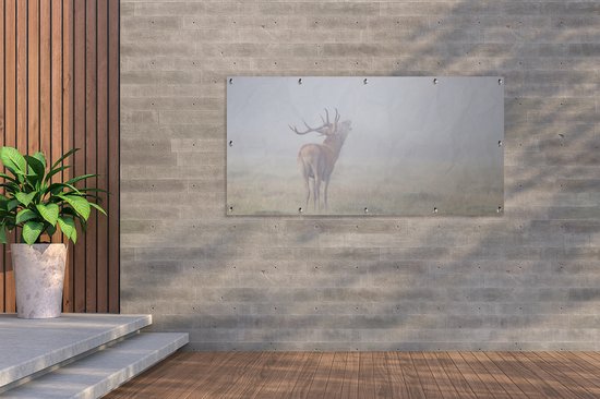 Tuinposter 200x100 cm - Tuindecoratie Hert - Gras - Mist - Poster voor in de tuin - Buiten decoratie - Schutting tuinschilderij - Tuindoek muurdecoratie - Wanddecoratie balkondoek