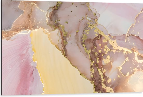 Dibond - Print van Roze met Goudkleurig Marmer - 105x70 cm Foto op Aluminium (Wanddecoratie van metaal)