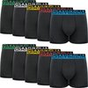 Tien zwarte boxershorts van Gianvaglia, met gekleurde logo-banden: groen, wit, geel, rood en blauw.