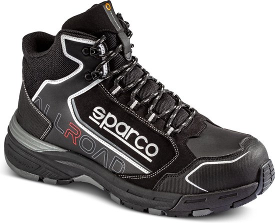 Chaussure de travail Sparco Allroad noire avec des détails argentés et rouges, sur fond blanc.