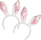2x stuks verkleed Diadeem wit met roze konijnen/hazen oren