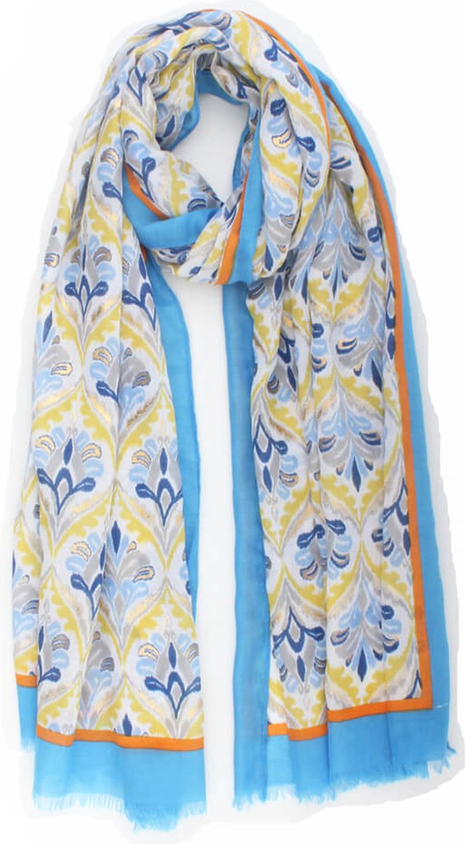 Salvia scarf- Accessories Junkie Amsterdam- Sjaal dames- Sjaaltje- Lange sjaal- Katoen-Wrap-Shawl- - Cosy chic- Cadeau-Grafische print- Goud accent- Blauw oranje geel