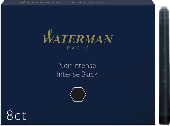 Doosje Waterman Intense Black inktpatronen, 8 stuks, met een losse inktpatroon