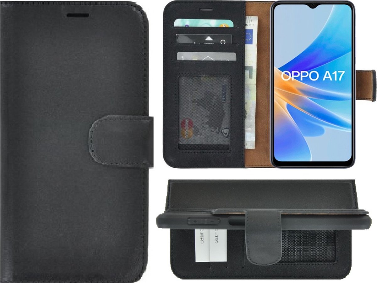 MoDo hoesje Geschikt voor Oppo A17/ A17k - Echt Leer Book Case - Zwart