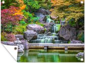 Tuinschilderij Stenen - Water - Bomen - Japans - Botanisch - 80x60 cm - Tuinposter - Tuindoek - Buitenposter