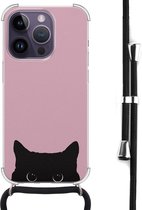 Hoesje met koord geschikt voor iPhone 14 Pro - Zwarte kat - Inclusief zwart koord - Crossbody beschermhoes - Transparant, Roze - Mooie Telefoonhoesjes