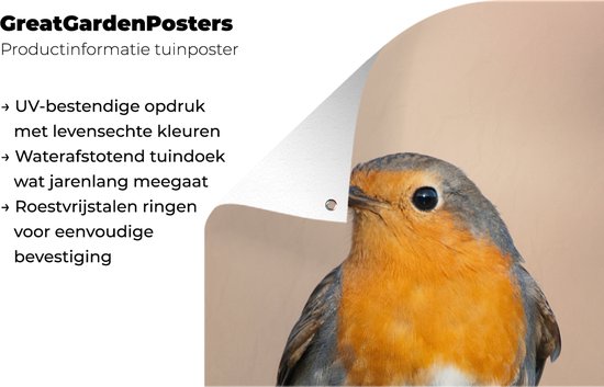 Productinformatie over de tuinposter: UV-bestendig, waterafstotend en roestvrijstalen ringen voor bevestiging.