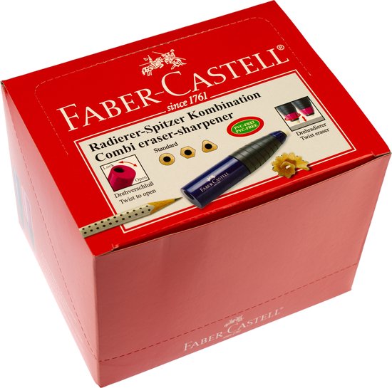 Faber-Castell puntenslijper+gum - rood/blauw - display - 12 stuks - FC-184401