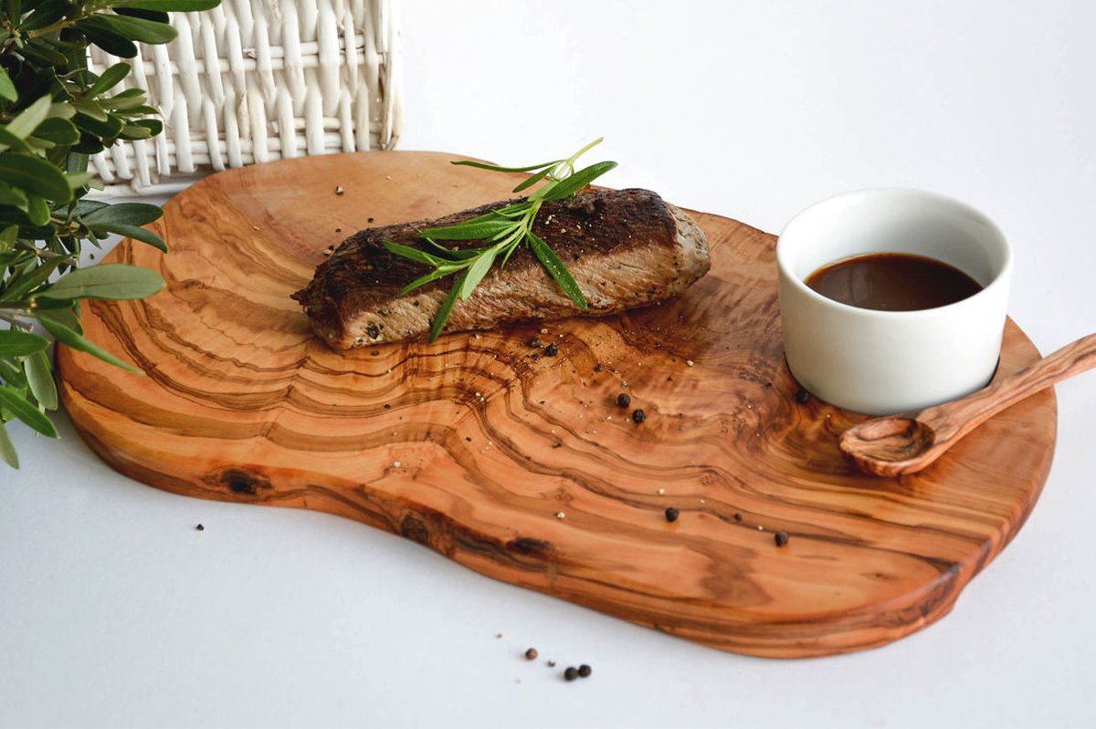 Steakplank servieerplank met dip schaal uit porselein (lengte +-34 cm) olijfhout steak plank chacuterie vlees