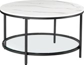 Salontafel, woonkamertafel, banktafel, met glasplaat, veel opbergruimte, moderne stijl, witte marmerlook, zwart frame