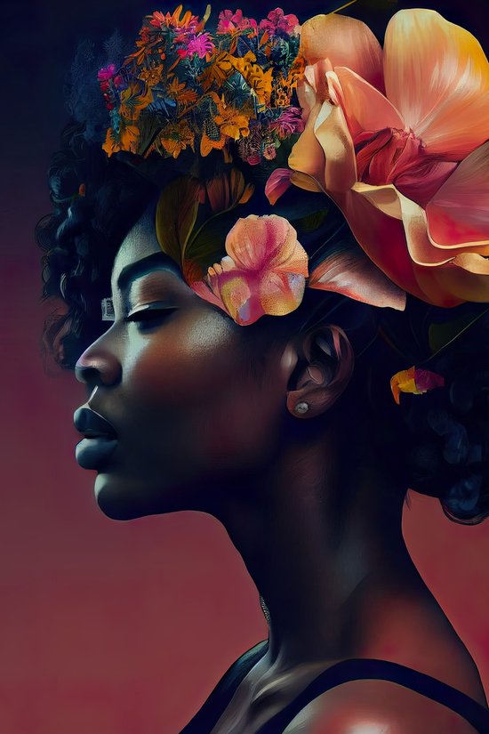 Afrikaanse vrouw - bloemen - alu-dibond schilderij - 50 x 70 cm