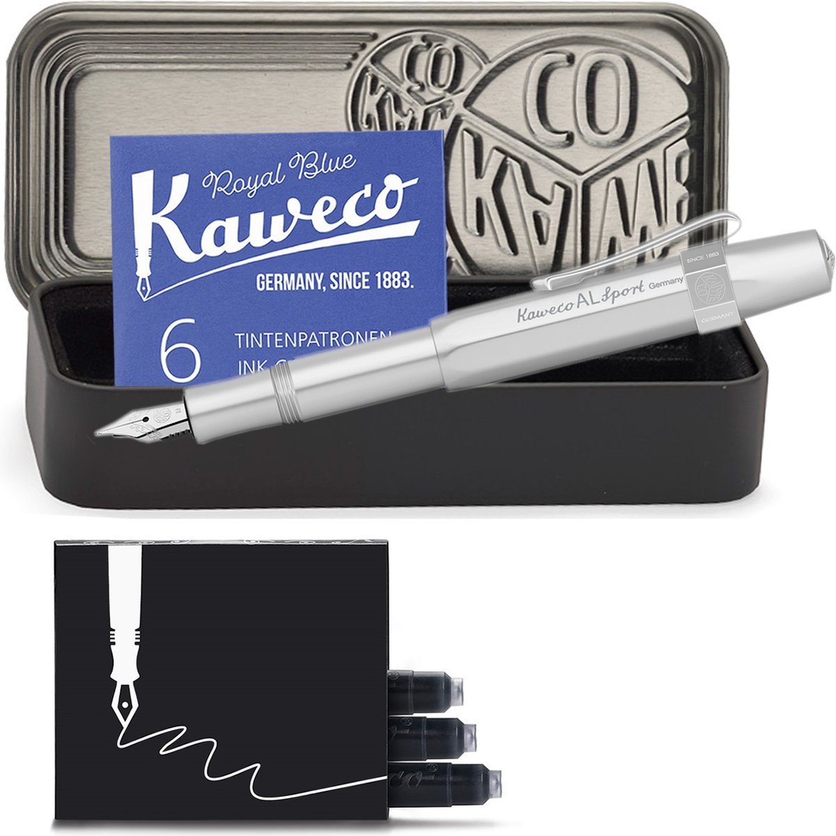 Kaweco - Cadeauset - 4delig - Kaweco AL Sport Fountain Pen CHROME MAT vulpen - Breed - Nostalgic Octagonal Clip Chrome - Zwart Vintage blikje - Doosje Royal Blue - Doosje zwarte Vullingen