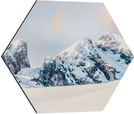WallClassics - Dibond Hexagon - Rotsen met Sneeuw - 50x43.5 cm Foto op Hexagon (Met Ophangsysteem)