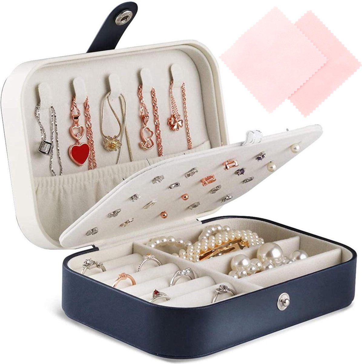 Behave Luxe Sieradendoos Dames met Spiegel & Druksluiting – Blauw/Wit – Compacte Reis Sieraden Organizer – Incl. 2 Poetsdoekjes