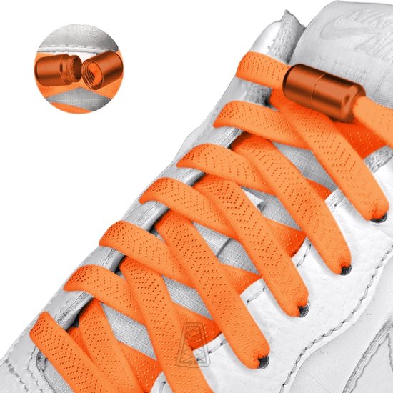 Agletless® Oranje Platte Elastische Veters Zonder Strikken 8mm - Luxe Draaicapsule Snelsluiting - 1 Paar - Kinderen & Volwassenen | One-Size-Fits-All