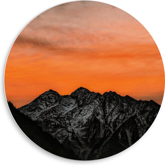 WallClassics - Cercle Mural en Plaque de Mousse PVC - Ciel Oranje derrière les Montagnes - 50x50 cm Photo sur Cercle Mural (avec système d'accrochage)