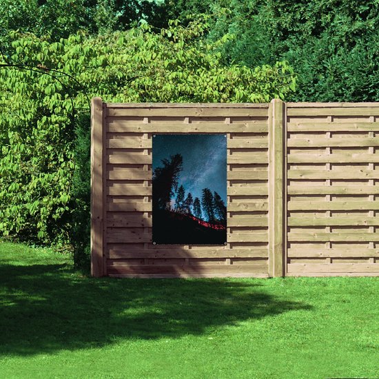 WallClassics - Affiche de jardin – Vue de dessous de grands Arbres sombres sous un ciel étoilé clair – Photo 80 x 120 cm sur affiche de jardin (Décoration murale pour l'extérieur et l'intérieur)