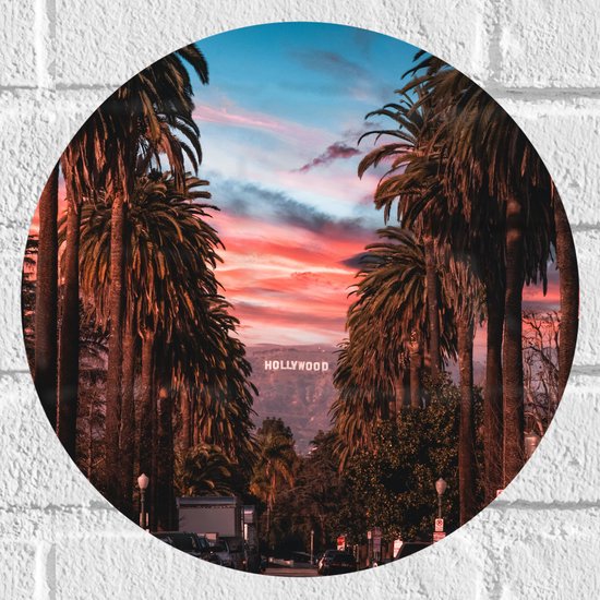 Muursticker Cirkel - Los Angeles Hollywood met Palmbomen - 30x30 cm Foto op Muursticker