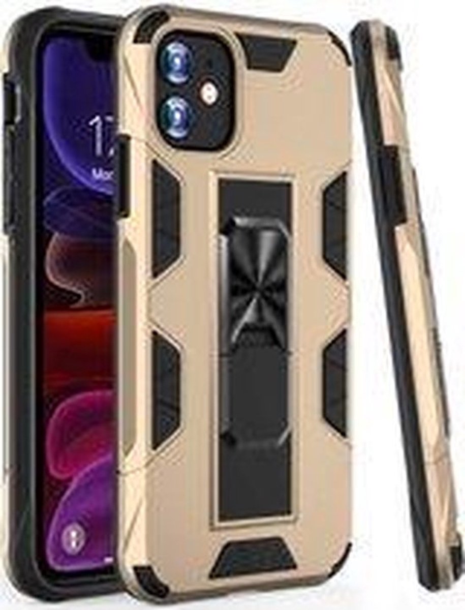 HB Hoesje Geschikt voor Apple iPhone 12 Mini Goud - Magnetic Kickstand Armor Case
