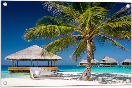 Tuinposter – Strandhuis op Zee - Malediven - 75x50 cm Foto op Tuinposter (wanddecoratie voor buiten en binnen)