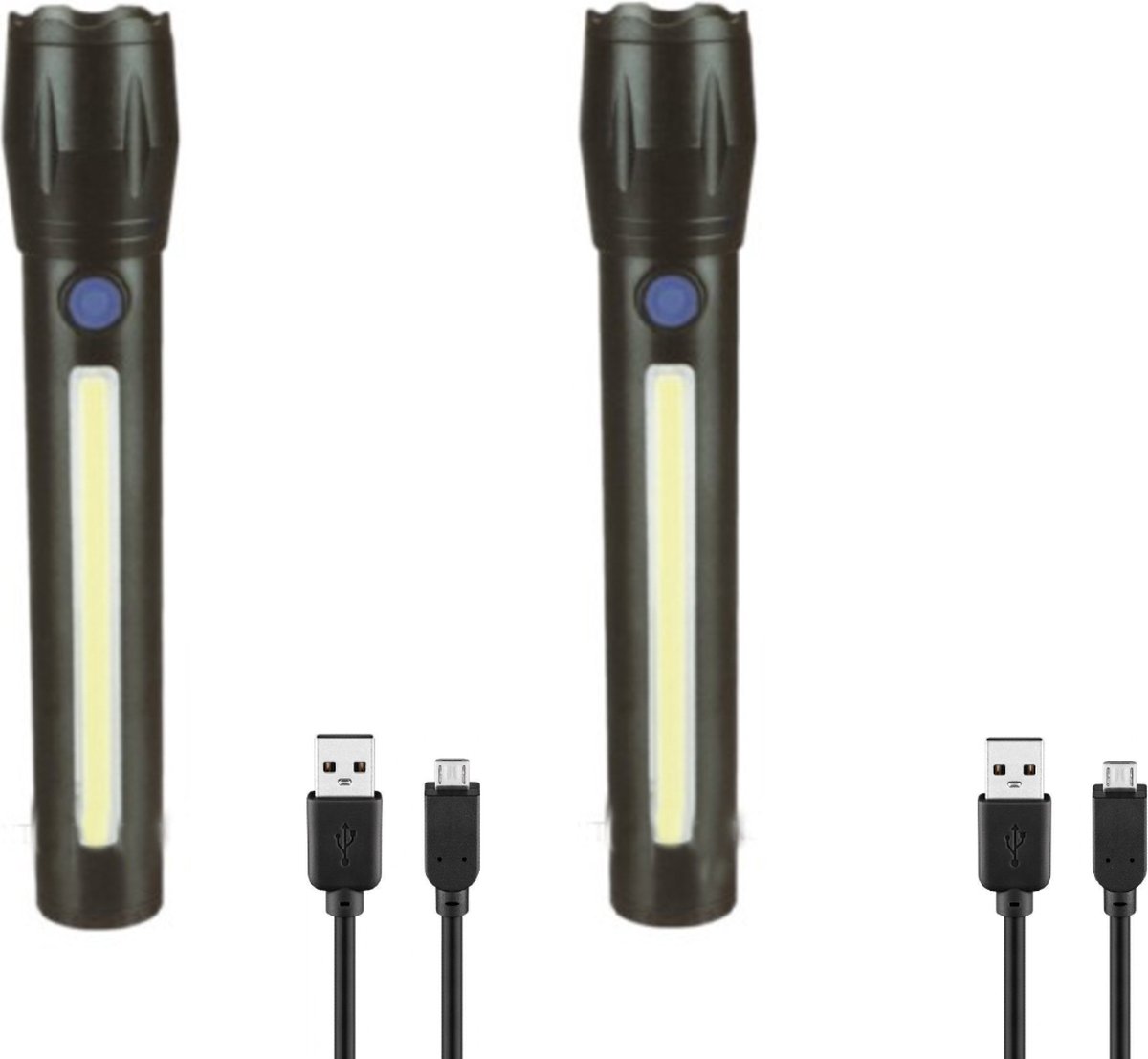 2 Stuks - Zaklamp oplaadbaar - Inclusief kabel en batterij - met Zoomfunctie - 1500 Lumen - 166 MM lang - 1200 mAh - Zoomfunctie X2000