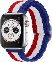 Strap-it Gevlochten / Geweven bandje - Geschikt voor Apple Watch Series 1/2/3/4/5/6/7/8/9/SE/Ultra - Rood/wit/blauw - Braided verstelbaar iWatch bandje maat 42 mm 44 mm 45 mm 49 mm