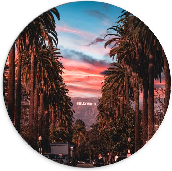 Dibond Muurcirkel - Los Angeles Hollywood met Palmbomen - 70x70 cm Foto op Aluminium Muurcirkel (met ophangsysteem)