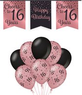 16 Jaar Verjaardag Decoratie Versiering - Feest Versiering - Vlaggenlijn - Ballonnen - Man & Vrouw - Rosé en Zwart