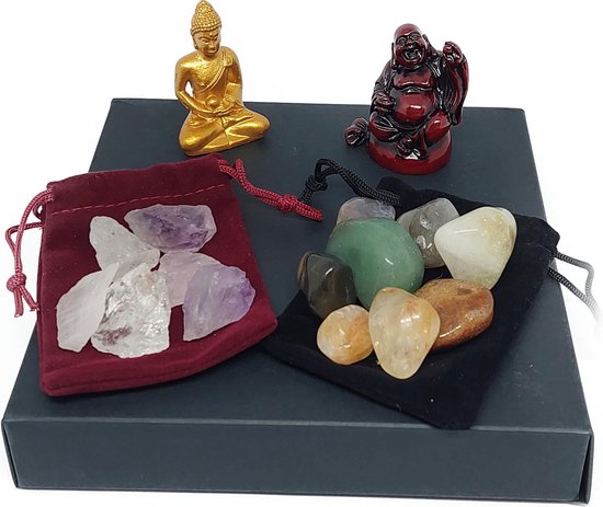 Cadeaubox Liefde en Geluk - Geluk Box Boeddha - Boeddha - schuifdoos - Gouden driehoek edelstenen - 100 gram assorti edelstenen