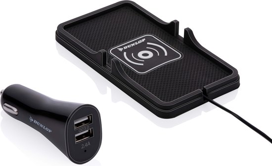 Zwarte Dunlop draadloze opladerhouder en 2x USB 2.4A autolader, met productdetails.