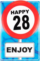 Happy age kaart 28 jaar (wenskaart met button)