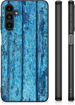 Telefoonhoesje Geschikt voor Samsung Galaxy A14 5G Backcase Siliconen Hoesje met Zwarte rand Wood Blue
