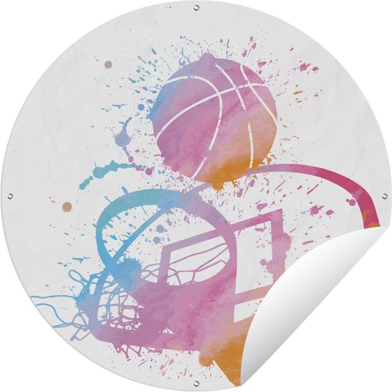 Tuincirkel Een illustratie van een basketbal en basket weergegeven in waterverf - 150x150 cm - Ronde Tuinposter - Buiten