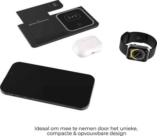 Innova Essentials 3-in-1 Draadloze Oplader (15W snellader) - Opvouwbaar - Geschikt voor iPhone & Android Smartphones - Geschikt voor Apple iWatch Airpods Galaxy Buds - Draadloos Qi Station - GSM Lader - Samsung - Android - Vaderdag cadeau
