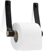 Buffel&Co Toiletrolhouder - Wc papier houder - Wc Rol houder - Hout - Hangend Leer - Zwart