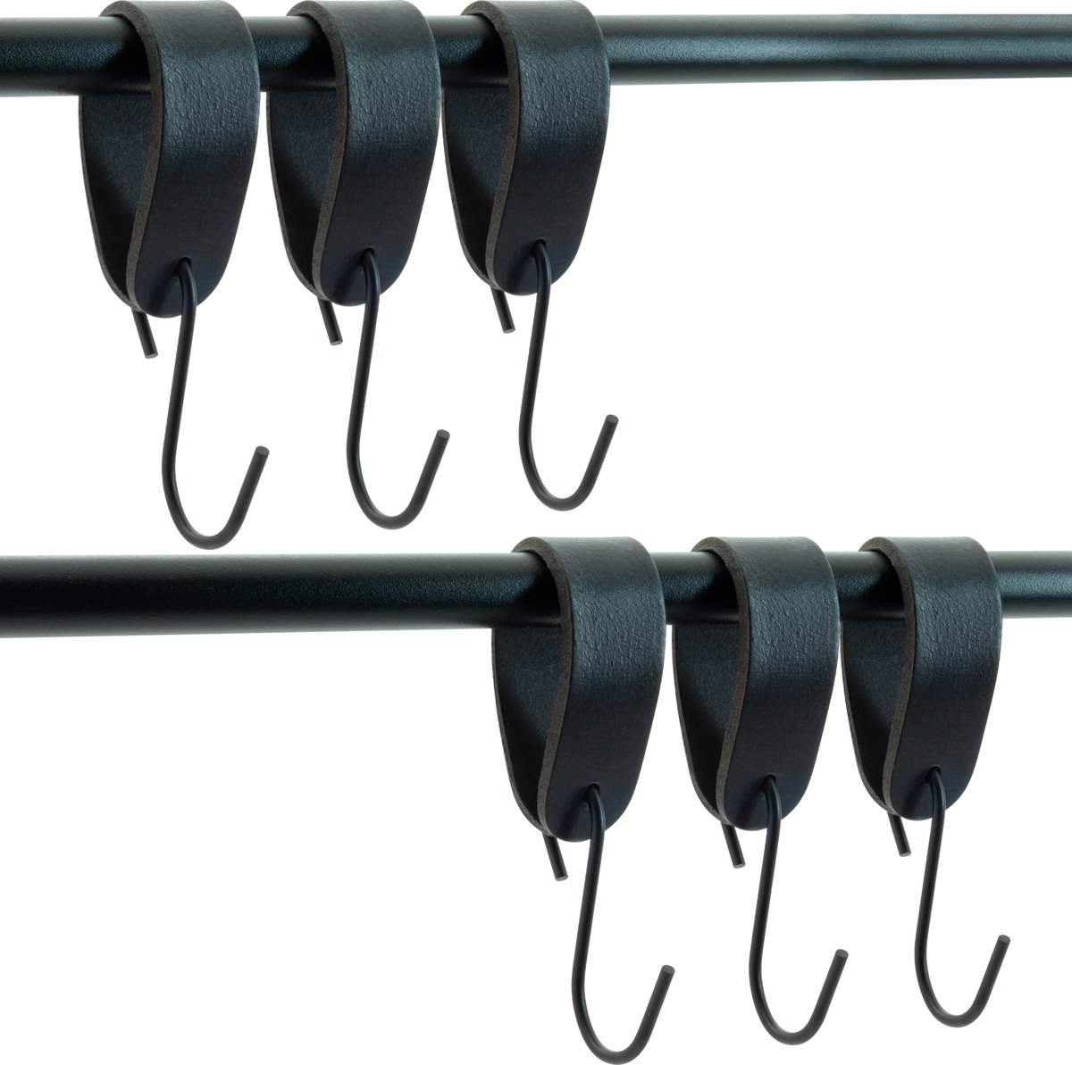 Buffel&Co Ophanghaken - Leren S-haak hangers - Zwart - 6 stuks - 15 x 2,5 cm – Handdoekhaakjes – Kapstokhaak