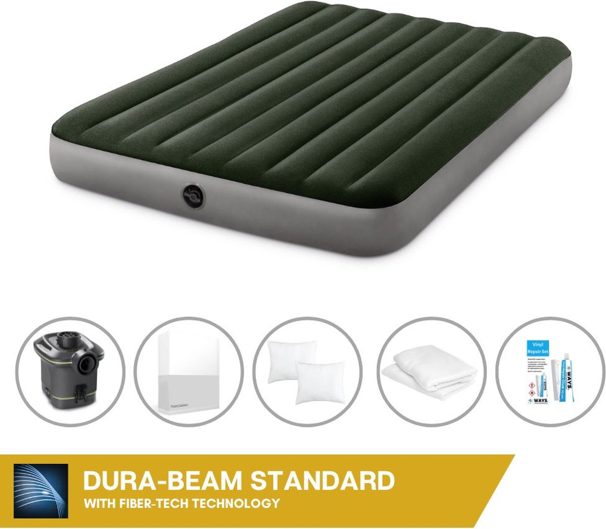 Intex Luchtbedset - 2-Persoons - 152 x 203 x 25 cm - Groen - Met pomp + Hoeslaken Wit + Kussen + Molton 2 in 1 Kussenslopen + Reparatieset