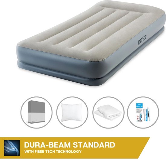 Intex Airbed - 1-Person - 99 x 191x 30 cm - Grijs - Avec pompe intégrée, Hoeslaken Anthracite, Oreiller, Molton 2 en 1 Taies d'oreiller et Kit de réparation