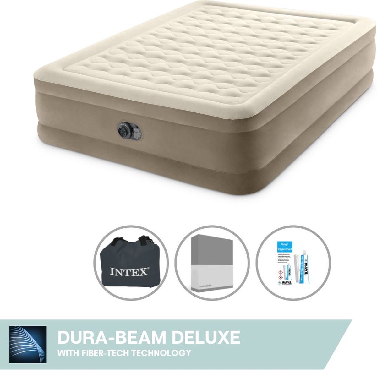 Intex Luchtbed - 2-Persoons - 152 x 203 x 46 cm - Beige - Met ingebouwde pomp + Hoeslaken Antraciet + Reparatieset