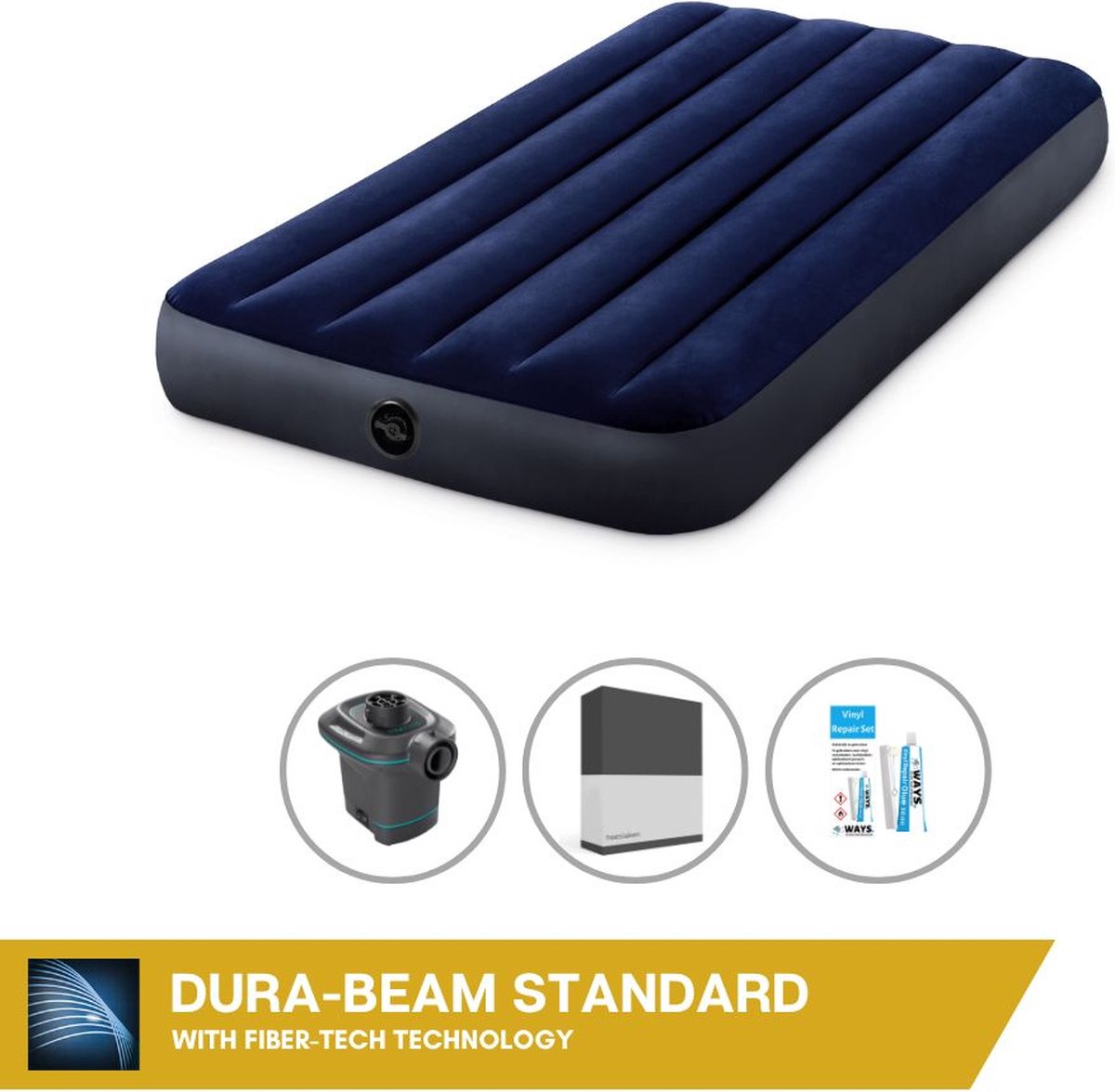 Intex Luchtbedset Intex Luchtbed - 1-Persoons - 99 x 191 x 25 cm - Blauw + Intex Elektrische Pomp - 650 Liter/min + Hoeslaken Zwart + Reparatieset
