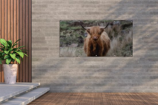 Décoration murale d'extérieur Scottish Highlander - Mousse - Herbe - 160x80 cm - Toile de jardin - Poster extérieur