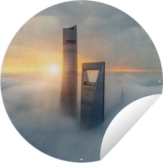 Tuincirkel Shanghai World Financial Center boven de wolken - 60x60 cm - Ronde Tuinposter - Buiten