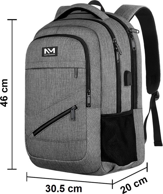 Navy Madden Rugzak met USB poort 15,6 inch - Grijs - Luxe Laptop Rugtas met Laptopvak - Heren - Dames - Jongens - Meisje - Waterafstotend - Rugzakken